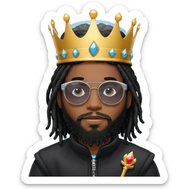 African American man with beardwith shoulder length black dreadlocks wearing black sunglasses with black bubble winter coat weariring a crown on his head sticker