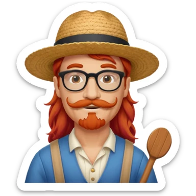 venice gondolier with long red hair, iconic hat, normal glassess and mustache sticker