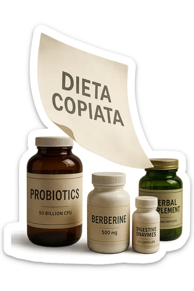 FOGLIO DI CARTA FLUTTUA IN ARIA CON LA SCRITTA "DIETA COPIATA", INSIEME A BARATTOLI DI INTEGRATORI PER CURARE IL SIBO IN ITALIANO, IPERREALISTICO 4K, NON DISEGNATO sticker