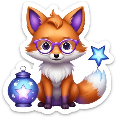 a small magical fox with shimmering purple and blue fur, a glowing fluffy tail, a silver star on its forehead, round glasses, and a tiny lantern. ❤️ sticker