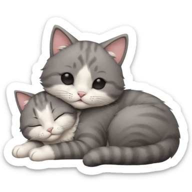 dark grey and white small cat with eyes closed, leaning his head on his paw while leaning on his elbow lying down sticker