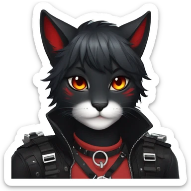 Anthro Edgy Cool Beautiful Black Cat-Fursona with Emo Hair-bangs with Red Streaks Chest Harness sticker