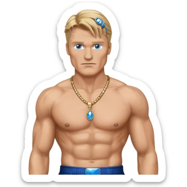 Dolph Lundgern with shirtless with necklace, blue eyes, dark blonde hair, metallic black pants sticker