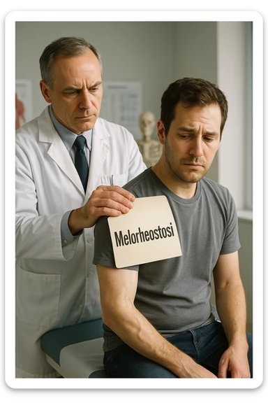 A realistic, cinematic illustration set in a bright, modern medical office. A middle-aged doctor in a white lab coat with a serious expression is shown gently placing a large paper label on the shoulder of a male patient sitting on the examination table. The label has the word 'Meloreostosi' written on it, symbolizing the act of labeling the patient with his rare bone condition. The patient looks confused and slightly disheartened, wearing a simple t-shirt with part of his arm exposed, showing subtle signs of bone thickening or deformation associated with melorheostosis. The background includes medical charts and a softly blurred skeleton model, emphasizing the medical setting. The lighting is bright but neutral, conveying a sterile, clinical atmosphere while focusing on the symbolic moment of receiving a diagnosis label. The mood is introspective and slightly heavy, illustrating the emotional weight of being defined by a rare chronic condition sticker