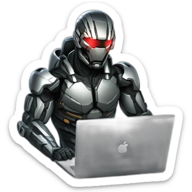 Side view developer behind his laptop with this style : Crytek Crysis Video game with nanosuit hacker themed character sticker