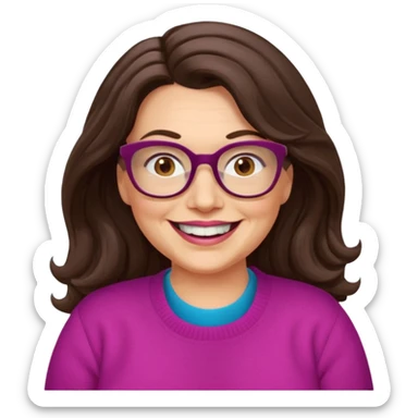 50 yr Caucasian woman, long dark brown hair parted on side, brown eyes, brown glasses, big smile, white teeth, fuscia sweater, chubby, wavy hair sticker