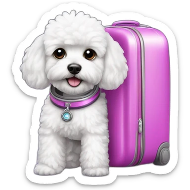 a white maltipoo as purple astronaut with a pink luggage sticker