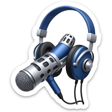 Create a sleek and professional emoji that represents voice acting and dubbing equipment. The design should feature a high-quality microphone, a sound mixer or audio interface, and headphones to symbolize the recording and technical process. Include elements like a soundproof booth or audio cables to reflect the studio environment. Use a modern, clean design with colors like silver, black, and dark blue to represent the professional side of voice acting. The background should be transparent. sticker