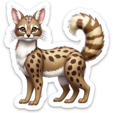 Colorful dark realistic chocolate-brown tropical beige fur glorious divine exotic cute cool beautiful shiny beautiful fantasy-Furret-Eevee-caracal-civet-genet-sergal-vernid-Cacomistle-oncilla-animal-Fakémon-hybrid-fursona with white deer-spots pattern markings (full body) sticker
