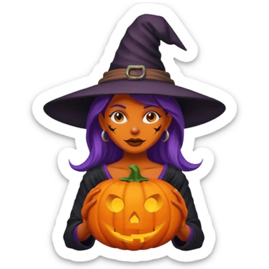 A naked woman with bare chest wears a carved pumpkin head and a witch hat with purple skin sticker