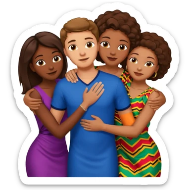 one american italian young brown-haired man surrounded by three african women with large butts hugging him and each other and massaging his crotch sticker