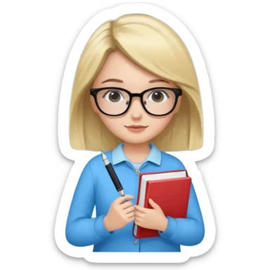 cute girl, glass, smart, Sky-blue colored clothing,
holding a book in one arm and a pen in the other hand.Holding a pen in the right hand as if teaching.Wearing black glasses, with a smart and bright-looking face. sticker