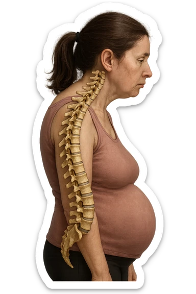 DONNA DI PROFILO CON LA POSTURA SBAGLIATA, SPINA DORSALE UMANA ANATOMICA REALISTICA IN EVIDENZA, LA PANCIA IN FUORI E LE SPALLE CHIUSE sticker