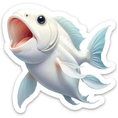 Cinematic Cute Yawning White Goldfish Portrait Emoji, Head tilted slightly with a dramatic, wide-open yawn, showcasing a smooth, pure white body with graceful, flowing fins, eyes barely open in drowsy contentment, Simplified yet irresistibly adorable features, highly detailed, glowing with a soft, cozy glow, high shine, relaxed yet expressive, stylized with a touch of whimsy, bright and endearing, soft glowing outline, capturing the essence of a sleepy yet affectionate goldfish, so drowsy it feels like it could float out of the screen and curl up for a nap! sticker