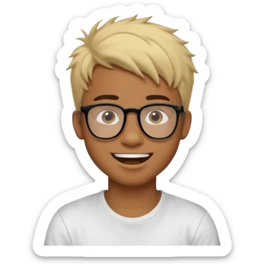 Teenager. Short buzz, messy blonde hair. Dark brown bushy eyebrows large expressive golden-brown eyes, brown skin color, scar over nose, wearing a plain white t-shirt. wearing clear thick black glasses. 20 year old male. laugh facial expression. brown skin color.  sticker