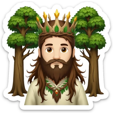 full body man long brown hair brown eyes medium beard white skin forest spirit with root crown sticker
