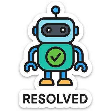 clean modern icon style robot with a green check mark on its body and a caption underneath saying 'RESOLVED' sticker