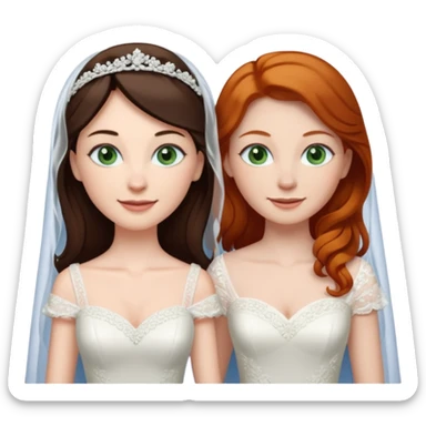A tall, pale woman with very dark brown hair and green eyes marrying a shorter ginger woman with blue eyes, both in wedding dresses. sticker