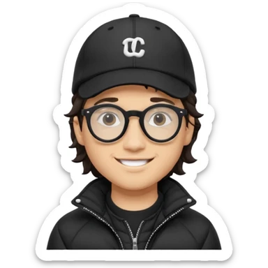 Young man wearing a black puffer jacket, black baseball cap, round black glasses, wavy hair peeking out from under the cap, smiling
 sticker