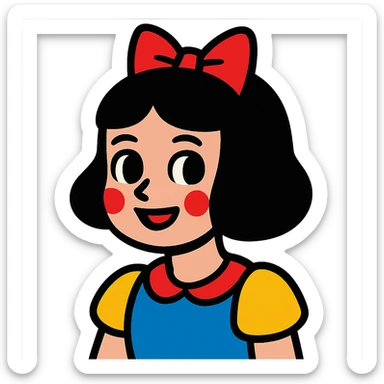 girl with white skin, short black hair, and a red bow, vibrant toon style sticker