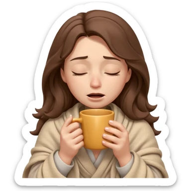 emoji-style illustration of a crying relaxed woman with long wavy brown hair, wrapped in a cozy beige blanket, holding a mug cup, eyes closed, sad and a bit anxious expression, soft 3D cartoon rendering, warm and comforting mood, plain background
 sticker