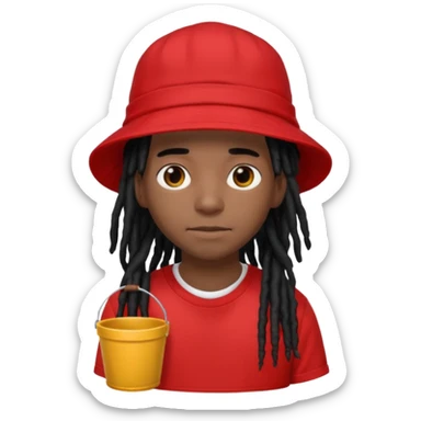 dark brown skin, black hair dreadlocks, wear red t-shirt, black bucket hat sticker
