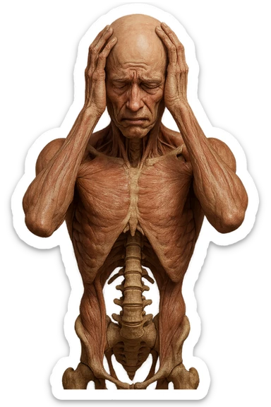 CORPO UMANO ANATOMICO con spina dorsale in evidenza, molto stanca e stressata mentre si tiene le mani sulla testa, IPERREALISTICO 4K sticker