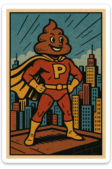 poop man superhero, standing on a rooftop, city background, comic style sticker