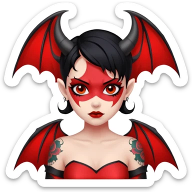 Demon girl: red skin, black hair, small horns, bat wing; tattoo-flash comic style; red/black palette; bold outlines; dark background; no text. sticker