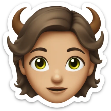 A girl with green eyes and brown hair shows a fac. The girl has demon horns on her head sticker