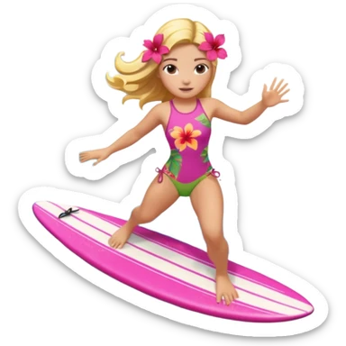 cute female surfer riding waves, hibiscus flower in hair, tropical swimsuit, colorful surfboard with Hawaiian patterns, water splash, 3D cartoon, mobile game icon style, clean background, no text sticker