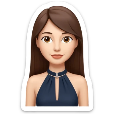 emoji-style illustration of a stylish pretty happpy woman with long straight brown hair, wearing a dark halter neck dress, elegant and minimalistic look, front-facing, soft 3D cartoon rendering, plain background sticker