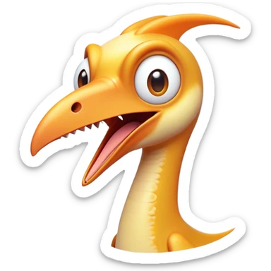 Cinematic Comical Pterodactyl Portrait Emoji, Head tilted dramatically with an exaggeratedly shocked expression, featuring a sleek, streamlined body with a quirky, animated beak and wide, comically expressive eyes full of playful disbelief, Simplified yet hilariously expressive features, highly detailed, glowing with a slightly sassy ethereal glow, high shine, dramatic yet playful, stylized with an air of cheeky prehistoric mischief, soft glowing outline, capturing the essence of a meme-worthy Pterodactyl that looks ready to side-eye its way into viral fame! sticker