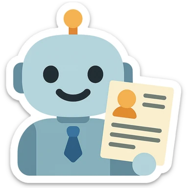 Make the recruiter robot emoji much cuter and more friendly, masculine, in apple style, flat, smiling, holding a resume, with a transparent background. sticker