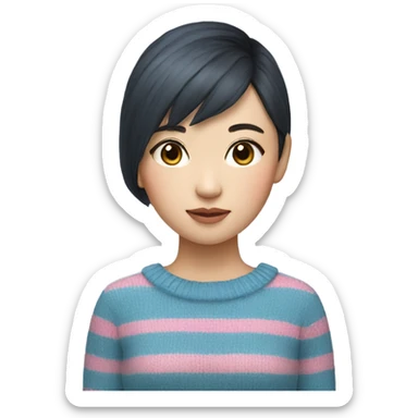 A Short hair asian girl with blue pink stripe knit sticker