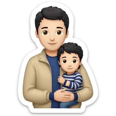 A father with short curly black hair and a friendly smile, dressed in a navy blue T-shirt and a beige jacket. He carries his child with soft straight dark hair wearing a tiny striped sweater. Bright, natural, heartwarming scene. sticker