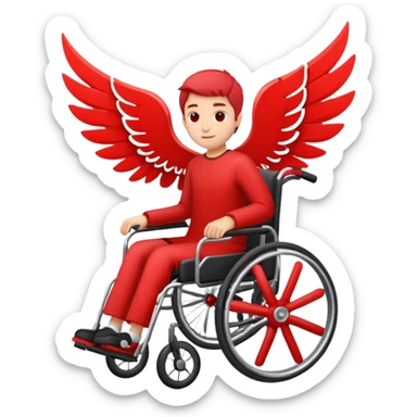 "A simple, red icon of a person in a wheelchair with stylized wings on their back, modern logo design, emoji style, white background" sticker