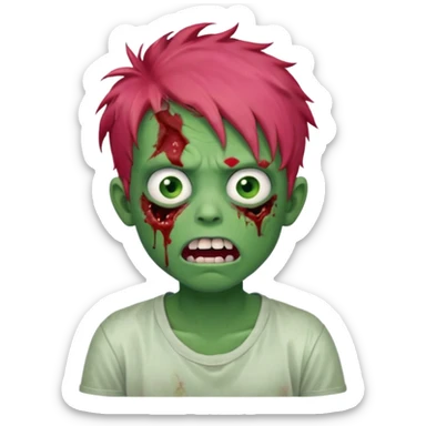 Boy, zombie, red messy hair, green skin, pink eyes, white t-shirt, open mouth with crooked teeth, tired expression. sticker
