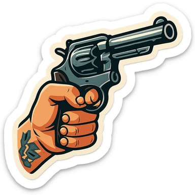 male hand holding a revolver, retro stickers style, clear black outlines, expressive shadows and highlights, no gradients, only sharp color transitions, hand with tattoo sticker