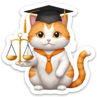 cat wearing a graduation cap, holding scales of justice sticker