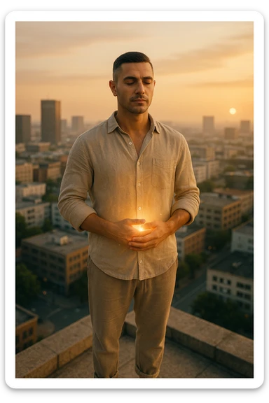 A cinematic portrait of a calm and composed man in his mid-30s, with light stubble and a defined jawline, standing alone on a rooftop at sunrise overlooking a quiet modern city. He’s wearing minimalist, earth-toned clothing — a linen shirt loosely buttoned, neutral joggers, barefoot. His hands rest gently over his abdomen in a meditative posture, eyes half-closed, reflecting clarity and focus. The early morning light bathes his face and body in soft gold, symbolizing renewal and healing. Around him, the city is still asleep, with only faint traces of life below. The air feels clean and silent. Subtle glow effects radiate gently from his chest and abdomen, suggesting internal regeneration. 35mm film style, shallow depth of field, realistic human textures and cinematic color grading with warm and natural tones. sticker