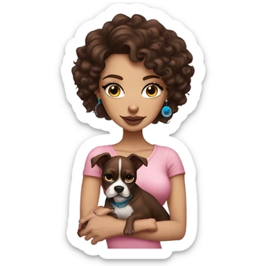 Beautiful tattooed curly dark brown haired woman holding a boxer dog and pink sphinx with blue eyes sticker