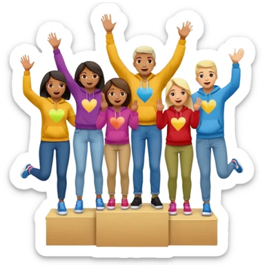 multi-racial people in colorful jeans, t-shirts, and hoodies on an un-numbered winners’ podium, middle step higher, excited, fun, expressive emoji style sticker