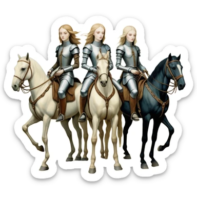 cinematic - aesthetic brilliant radiant divine lighting, oil paint - ivory Four thin women as riders of the Apocalypse, after a graphic by Albrecht Dürer in a desolate landscape on horse skeletons sticker