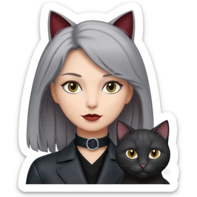 femme aux yeux gris, cheveux court bordeaux avec cuir noir, accompagné d'un chat poils longs gris clair et d'un chat poils ras noirs sticker