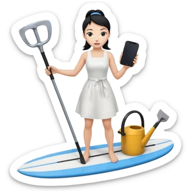 Princess who wearing white dress (woman) black ponytail hair holding her cellphone and  one garden iron shovel with another hand. there is one blue surfing board under her feet. She is looking at her phone. sticker