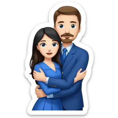 tall white man with brown hair goatee mustache hugging a pale woman with long black hair, wearing blue formal clothing sticker