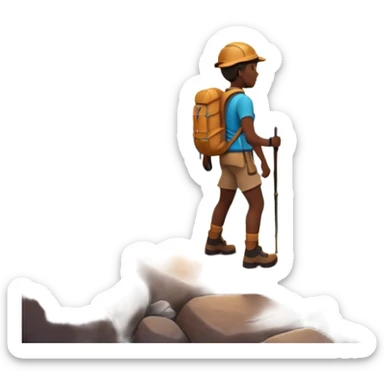 A 3D cartoon hiker silhouette standing on a rocky path at sunset, warm golden light, Memoji-style rendering. sticker
