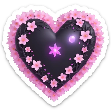 goth sakura heart, black heart with a glowing aura and sparkling sakura petals, ethereal and vibrant, no background sticker