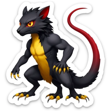 a black exotic edgy vernid-fionbr-Fakémon-creature, with red belly and yellow eyes, full body sticker